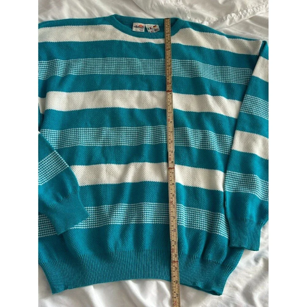 Vintage Ellesse Italy Striped Sweater Men’s L Blue White Cotton Acrylic 90s Knit